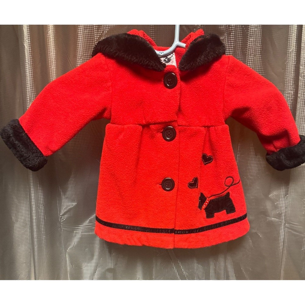 Good Lad of Philadelphia Red Fleece Coat Black Faux Fur Collar Scottie 12 Months